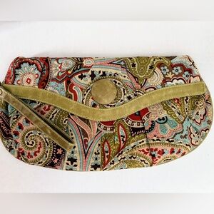 Retro Ebisu Green Paisley Multicolor Clutch snap closure handbag 15.5” x 8” EUC